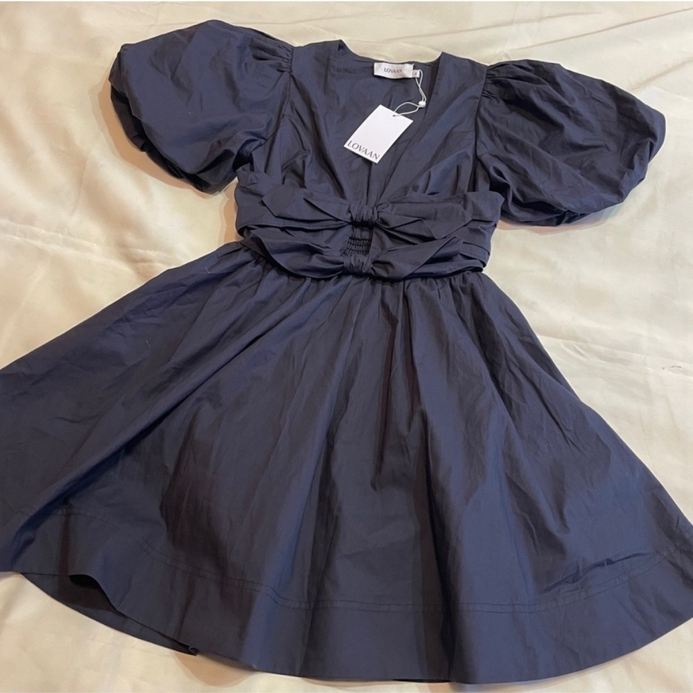 NEW! Lovaan- Devon Deep V Bow Puff Sleeve Black Poplin Mini Dress Size AU 8 US 4